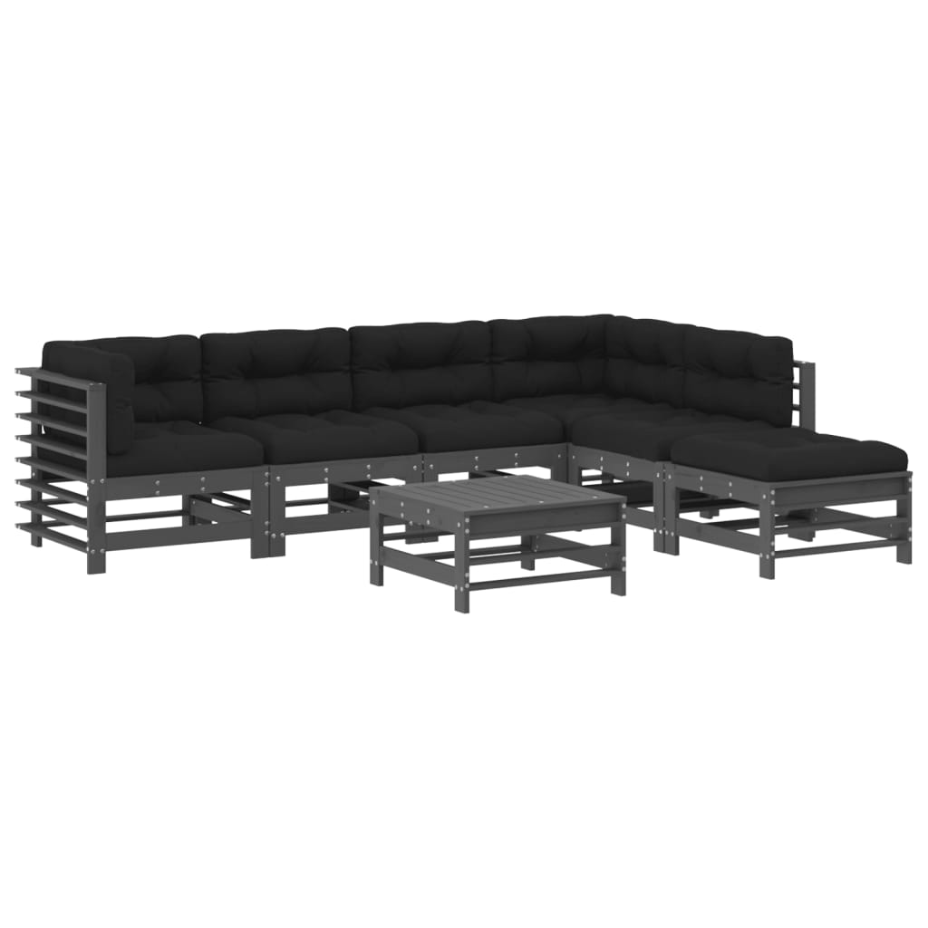 Set mobilier de gradina cu perne, 7 piese, gri, lemn masiv