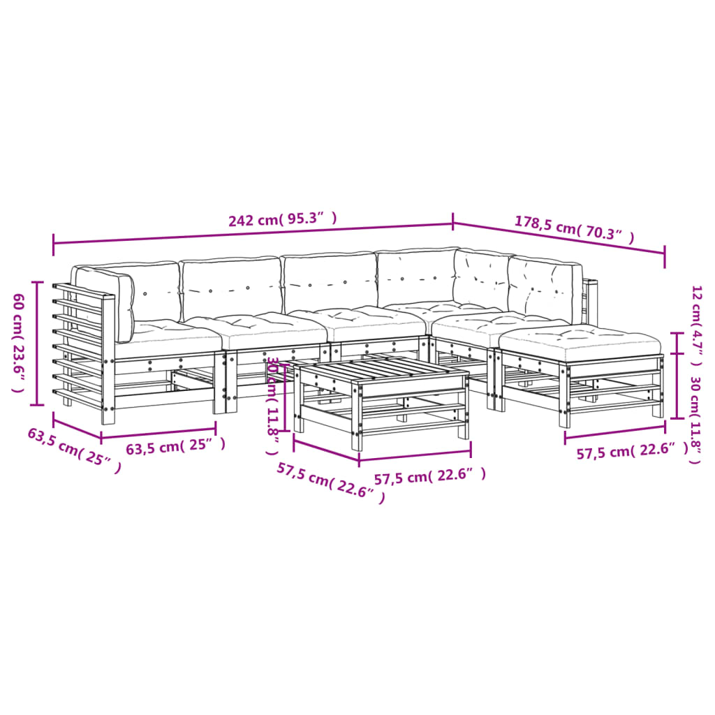 Set mobilier de gradina cu perne, 7 piese, gri, lemn masiv — imaginea 9