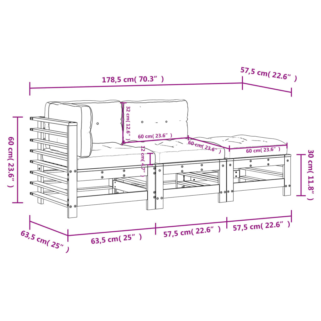 Set mobilier de gradina cu perne, 3 piese, lemn masiv douglas — imaginea 9