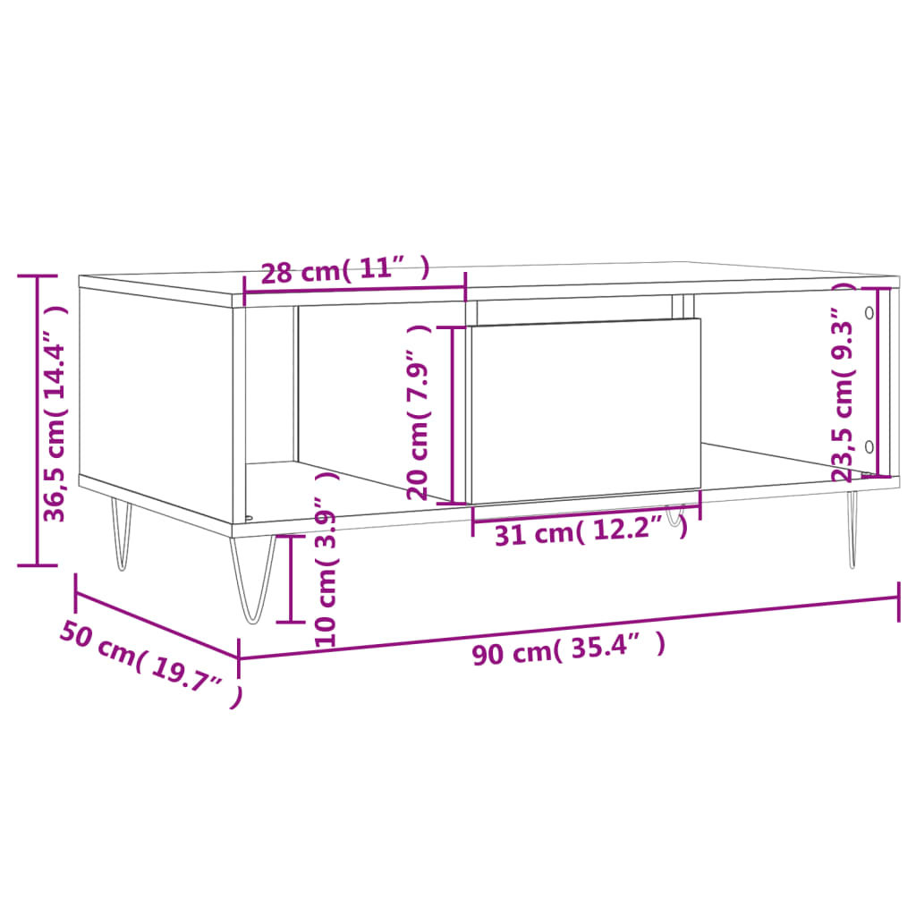 Masuta de cafea, gri sonoma, 90x50x36,5 cm, lemn prelucrat — imaginea 11