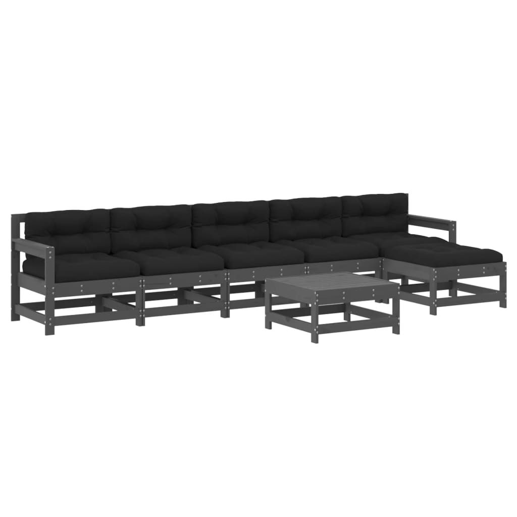 Set mobilier de gradina cu perne, 7 piese, gri, lemn masiv