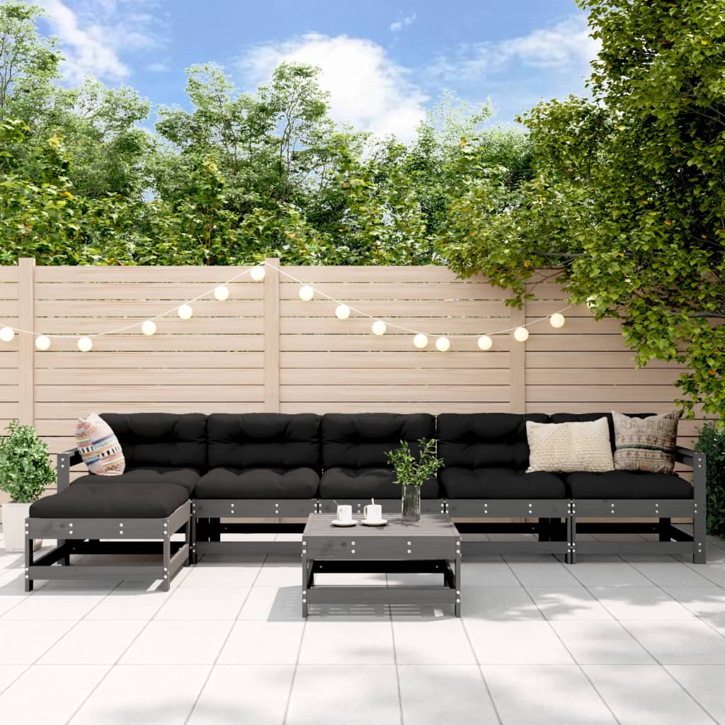 Set mobilier de gradina cu perne, 7 piese, gri, lemn masiv — imaginea 2