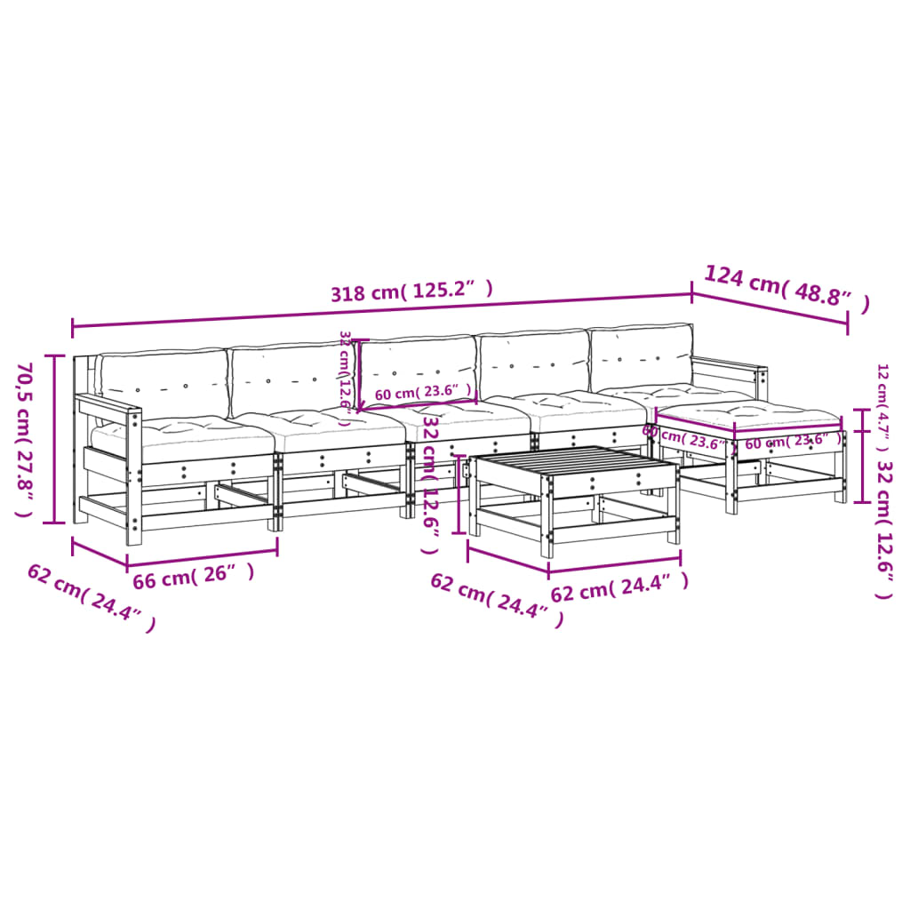 Set mobilier de gradina cu perne, 7 piese, gri, lemn masiv — imaginea 9