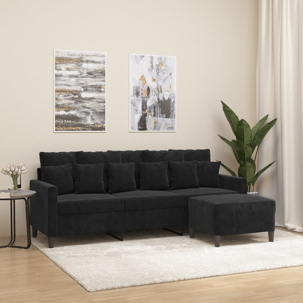 Canapea cu 3 locuri si taburet, negru, 180 cm, catifea — imaginea 2