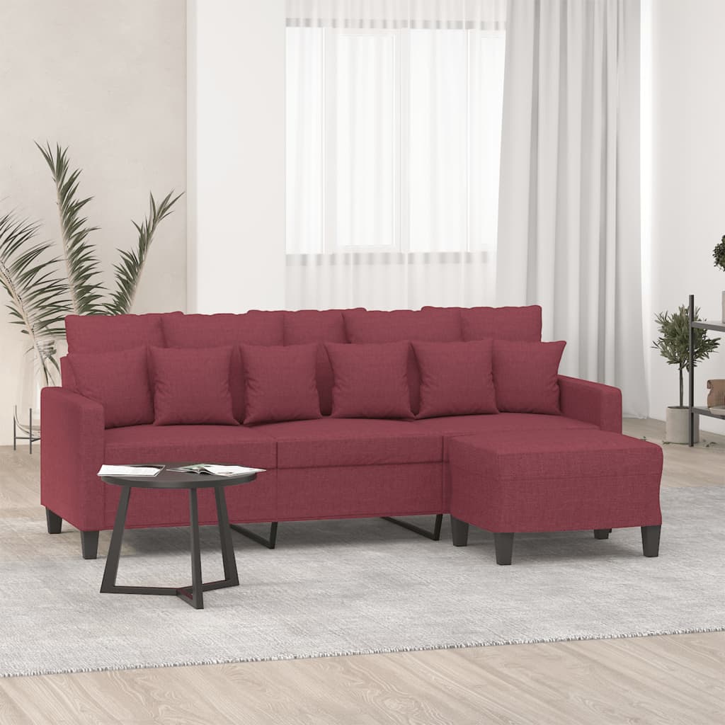Canapea cu 3 locuri si taburet, rosu vin, 180 cm, textil — imaginea 2