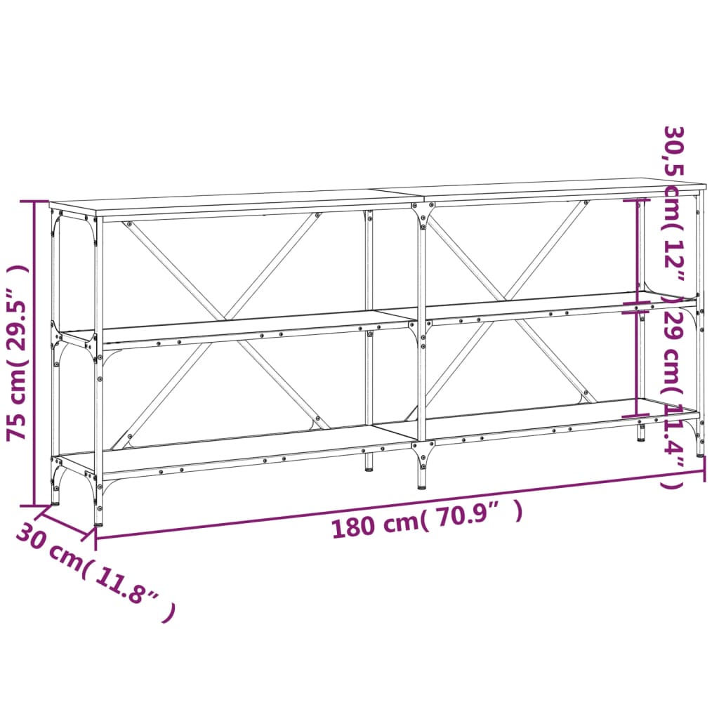 Masa consola gri sonoma 180x30x75 cm Lemn prelucrat si fier — imaginea 9