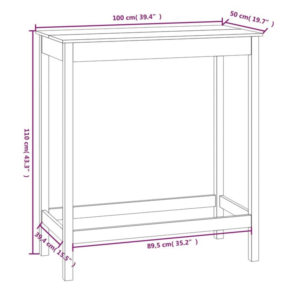 Masa de bar, alb, 100x50x110 cm, lemn masiv de pin — imaginea 8