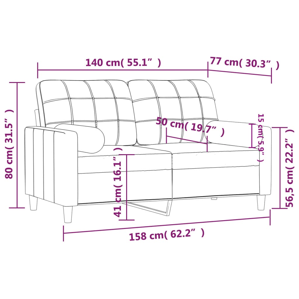 Canapea cu 2 locuri cu pernute, rosu vin, 140 cm, textil — imaginea 8