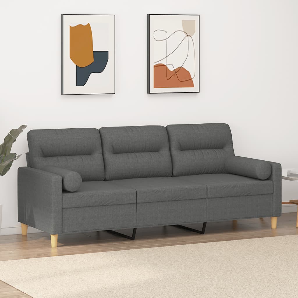 Canapea cu 3 locuri cu pernute, gri inchis, 180 cm, textil — imaginea 2