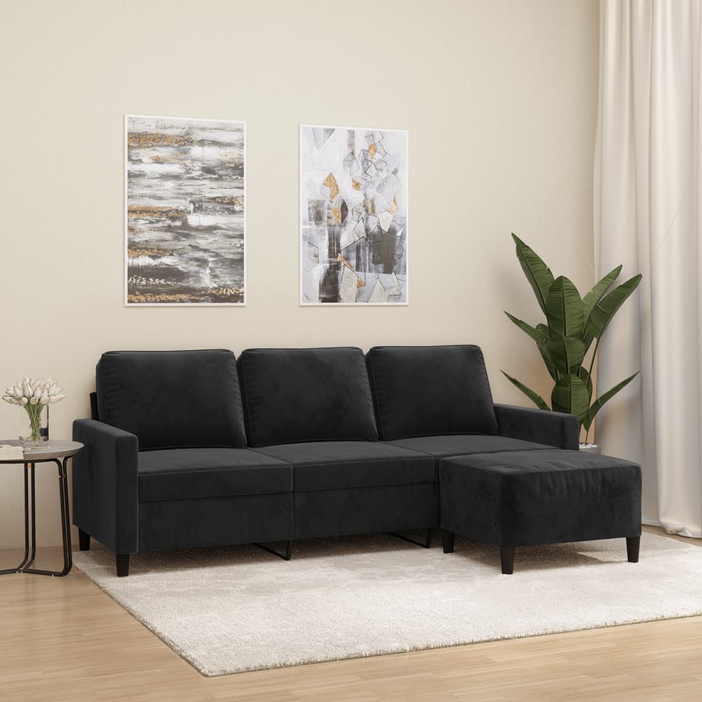 Canapea cu 3 locuri si taburet, negru, 180 cm, catifea — imaginea 2