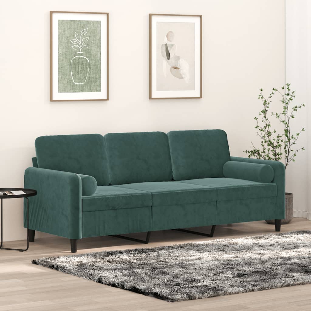 Canapea cu 3 locuri cu pernute, verde inchis, 180 cm, catifea — imaginea 2