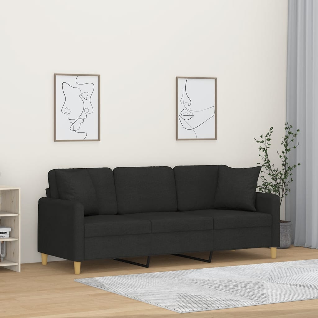 Canapea cu 3 locuri cu pernute, negru, 180 cm, textil — imaginea 2
