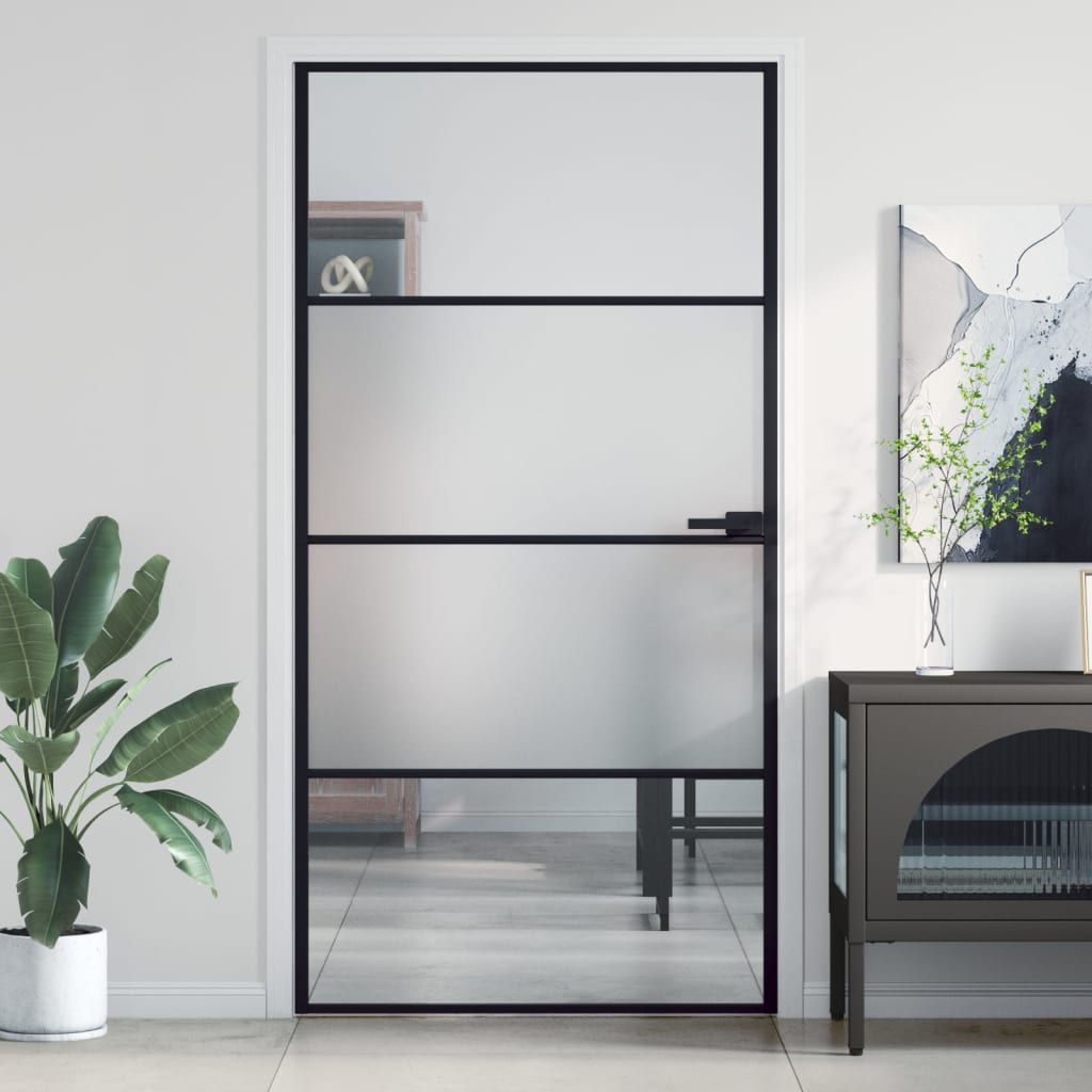 Usa interior negru 102,5x201,5 cm sticla securiz./aluminiu slim, negru și transparent și mat, model 3 bare orizontale — imaginea 2