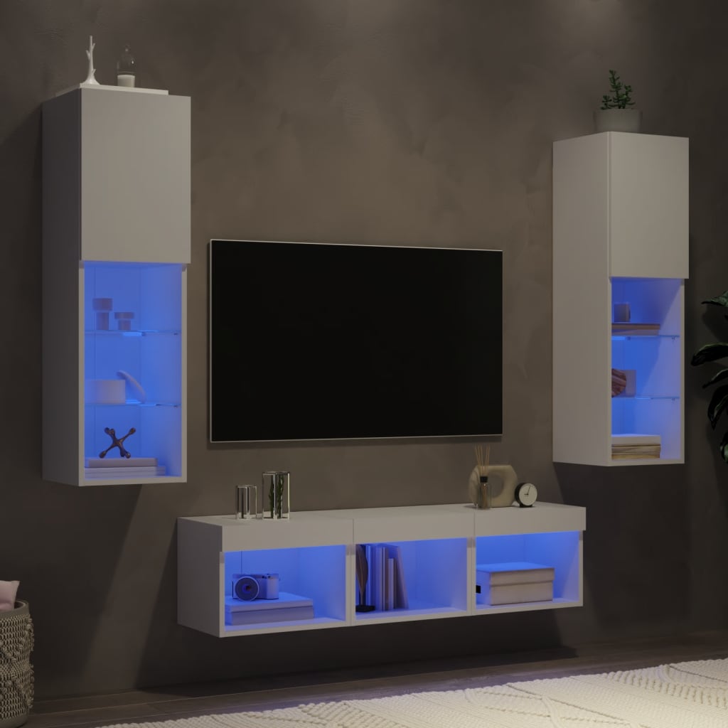 Unitati de perete TV cu LED-uri, 5 piese, alb, lemn prelucrat — imaginea 2