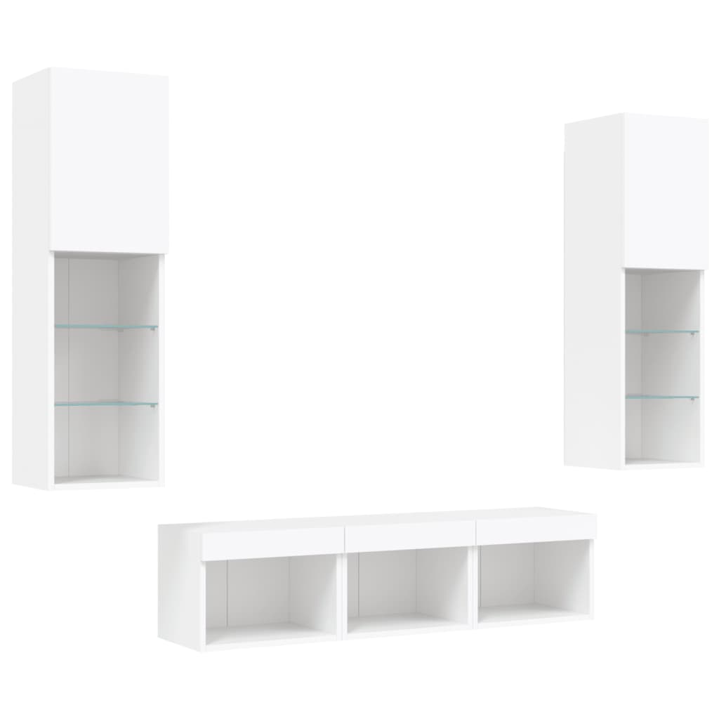 Unitati de perete TV cu LED-uri, 5 piese, alb, lemn prelucrat — imaginea 5