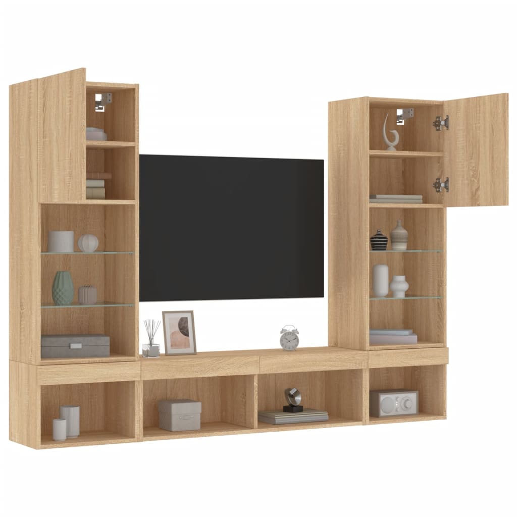 Unitati de perete TV cu LED-uri, 5 piese, stejar sonoma, lemn — imaginea 2
