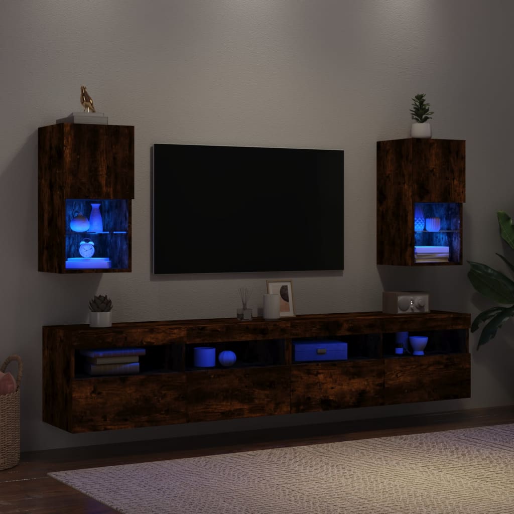 Comode TV cu lumini LED, 2 buc., stejar fumuriu, 30,5x30x60 cm — imaginea 4