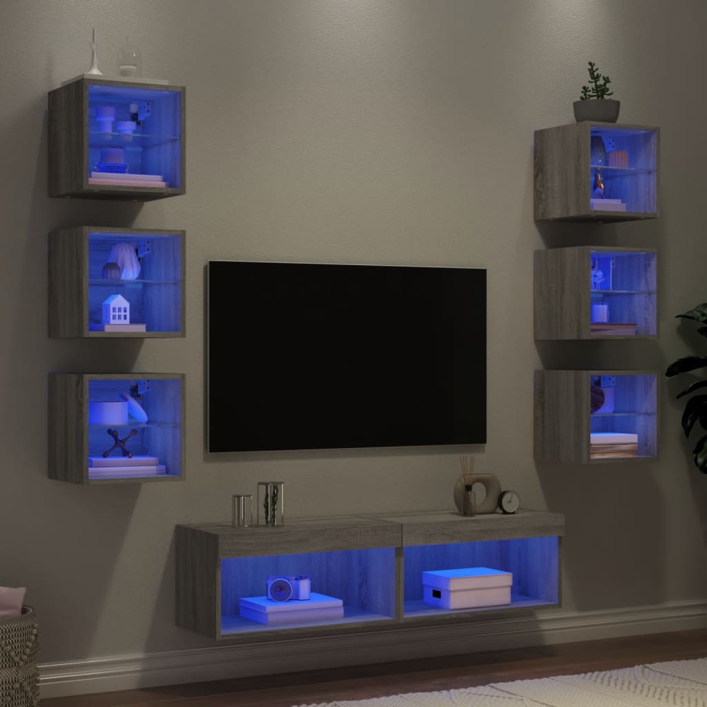 Unitati de perete TV cu LED-uri, 8 piese, gri sonoma, lemn — imaginea 2