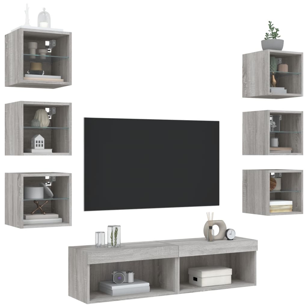 Unitati de perete TV cu LED-uri, 8 piese, gri sonoma, lemn — imaginea 4