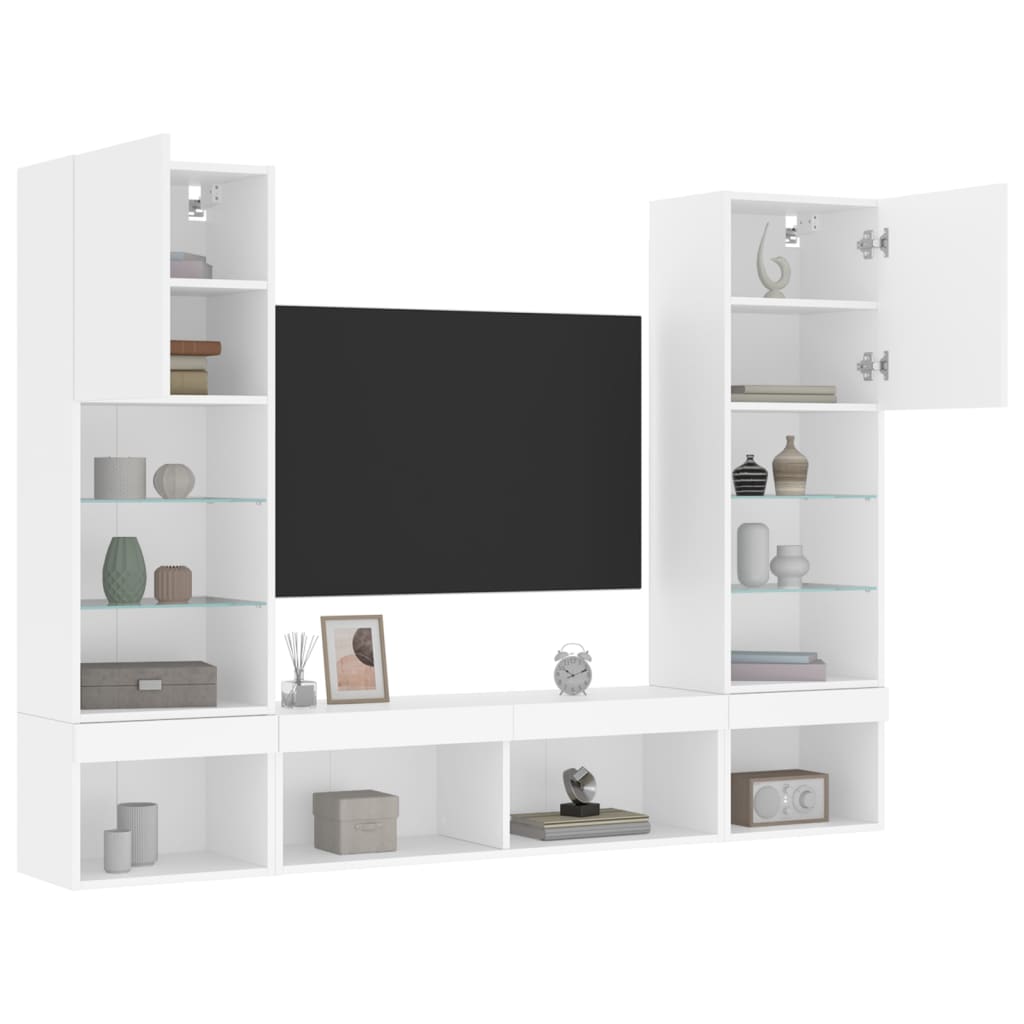 Unitati de perete TV cu LED-uri, 5 piese, alb, lemn prelucrat — imaginea 2
