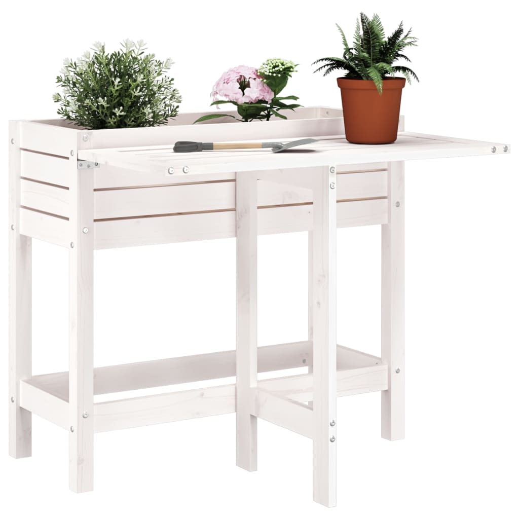 Jardiniera de gradina cu blat pliabil alb lemn masiv pin — imaginea 2