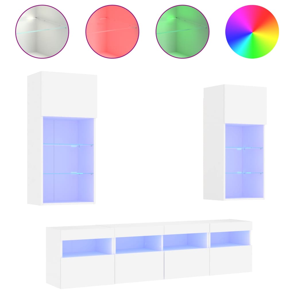 Unitati de perete TV cu LED-uri, 5 piese, alb, lemn prelucrat