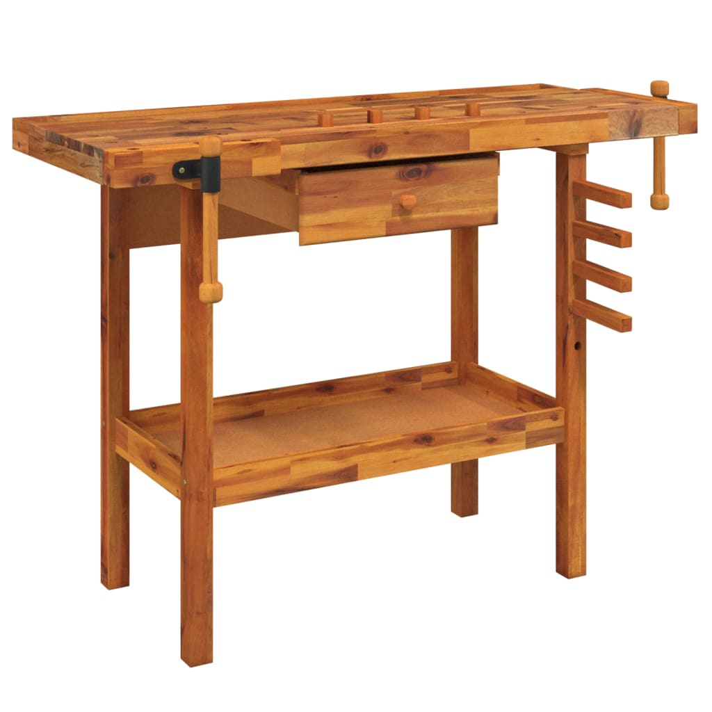 Banc de lucru cu sertar și menghine, 124x52x83 cm, lemn acacia, model 1 sertar