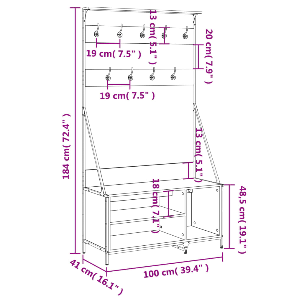 Suport de haine cu raft pantofi, stejar sonoma, 100x41x184 cm — imaginea 9