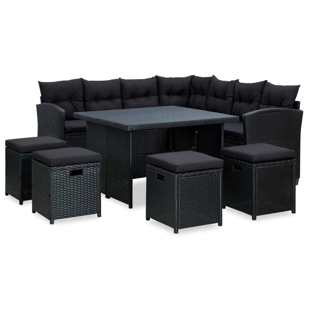 Set mobilier de gradina cu perne, 6 piese, negru, poliratan