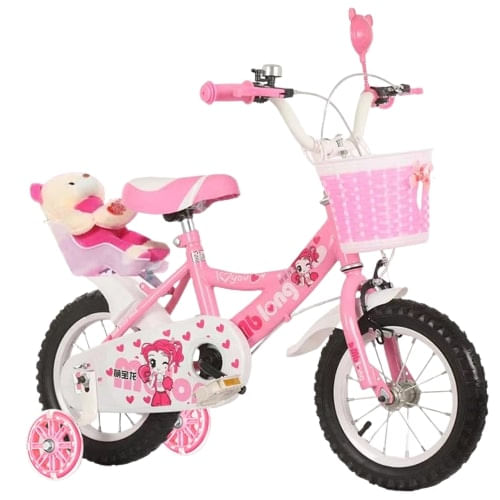 Bicicleta Go Kart My Long 16 inch 3-6 ani, cu ursulet inclus ,roti ajutatoare silicon ,aparatoare noroi,roz