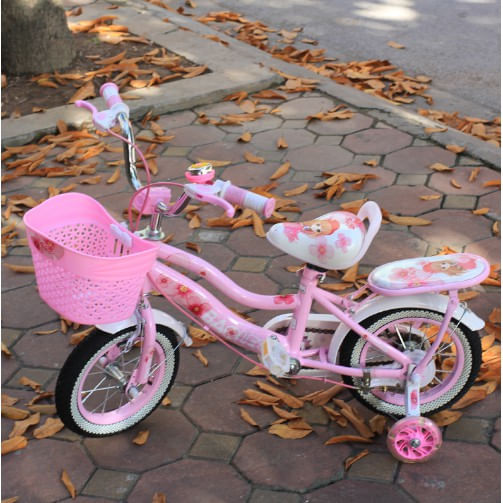 Bicicleta Go Kart Mara 12 inch , 2-4 ani,aparatoare noroi,sonerie,portbagaj si cos pentru jucarii, alb cu roz - 1 | YEO