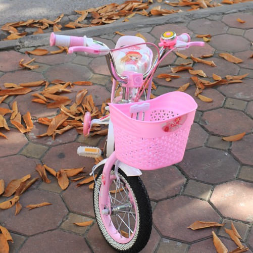 Bicicleta Go Kart Mara 12 inch , 2-4 ani,aparatoare noroi,sonerie,portbagaj si cos pentru jucarii, alb cu roz - 2 | YEO