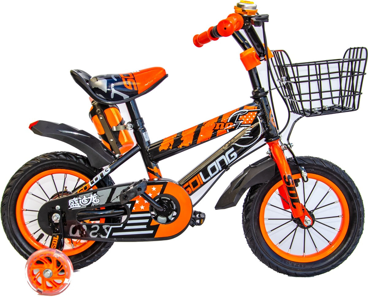 Bicicleta Goo Kart 12 inch negru cu portocaliu 2-5 ani,roti ajutatoare silicon cu leduri,aparatoare si cos,suport bidon