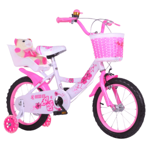 Bicicleta Ary 12 inch roz cu alb cu ursulet, 2-4 ani,roti ajutatoare silicon ,sonerie, scaunel cu ursulet si cos
