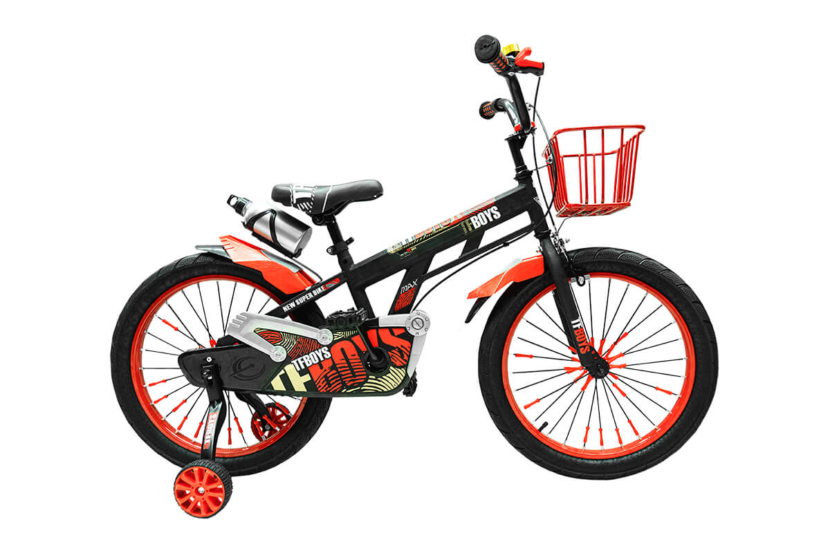 Bicicleta 16 inch Go Kart Tfboys, cos,roti ajutatoare ,ratori noroi,sonerie,varsta 4-7 ani, negru cu portocaliu