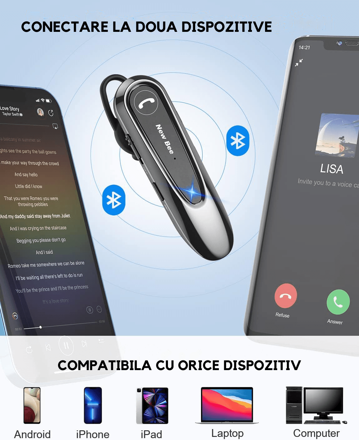 Casca Bluetooth 5.0, Multipoint, Compatibilitate iOS/Android, Sunet HD, Autonomie 24H, Noise Cancelling, Handsfree, Husa - 2 | YEO