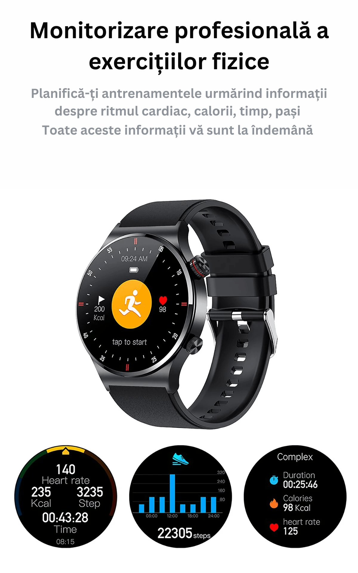 Ceas Smartwatch, Ecran tactil de 1.28 HD Inch, Rezistent la apa, Tensiune arteriala, Cronometru, Pedometru, Negru - 4 | YEO