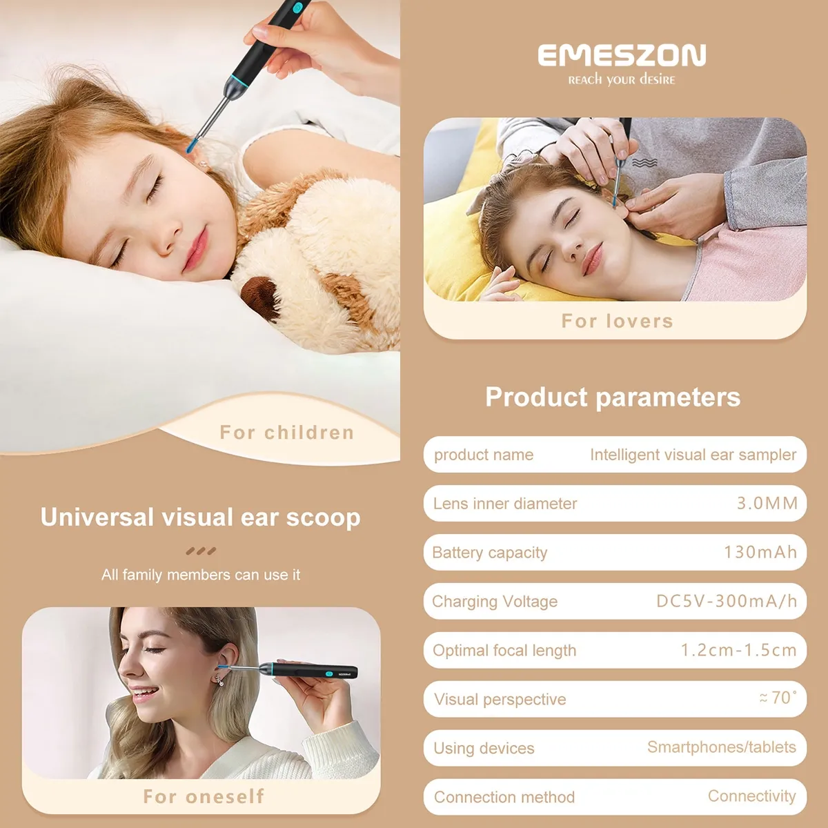 Otoscop Smart Slim curatare urechi, Emeszon®, pentru Copii si Adulti Camera 5MP HD 1080p IP67 LED WIFI acumulator, negru - imagine 2