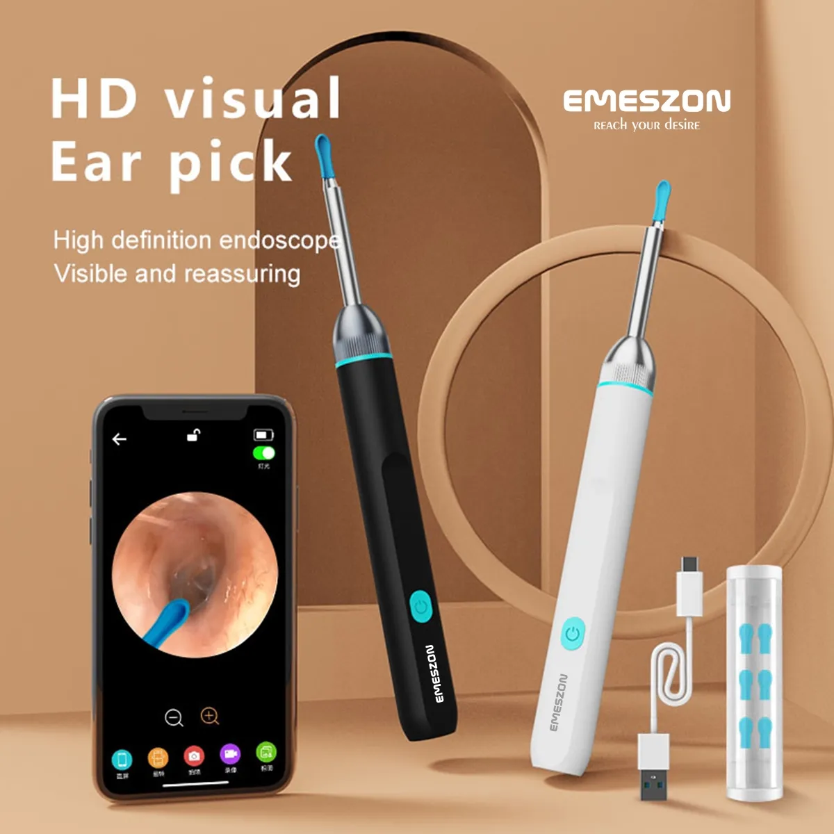 Otoscop Smart Slim curatare urechi, Emeszon®, pentru Copii si Adulti Camera 5MP HD 1080p IP67 LED WIFI acumulator, negru - imagine 7