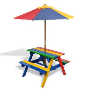 mese si banci din lemn pentru terase Masa de picnic pentru copii cu banci & umbrela, lemn multicolor