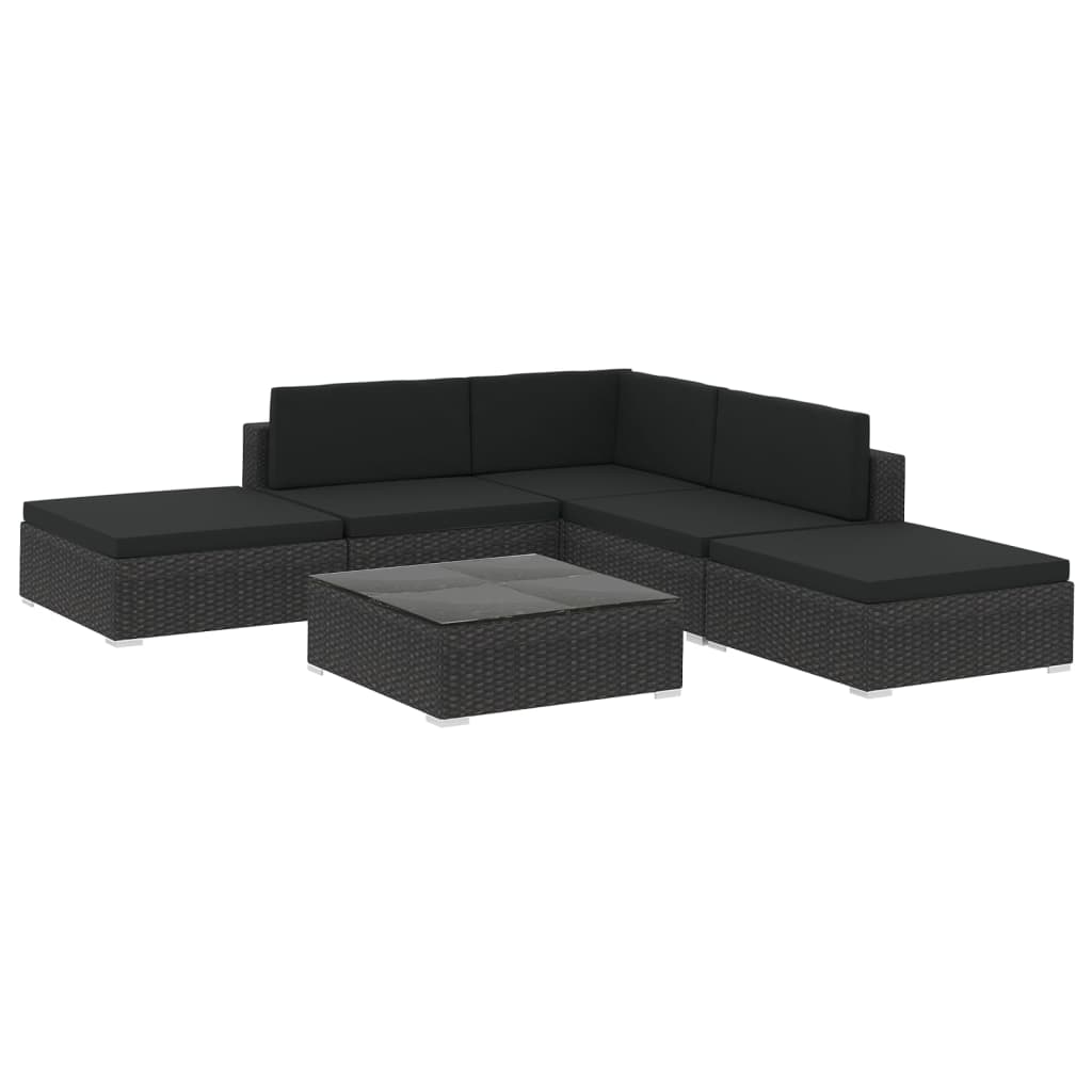 Set mobilier de gradina cu perne, 6 piese, negru, poliratan