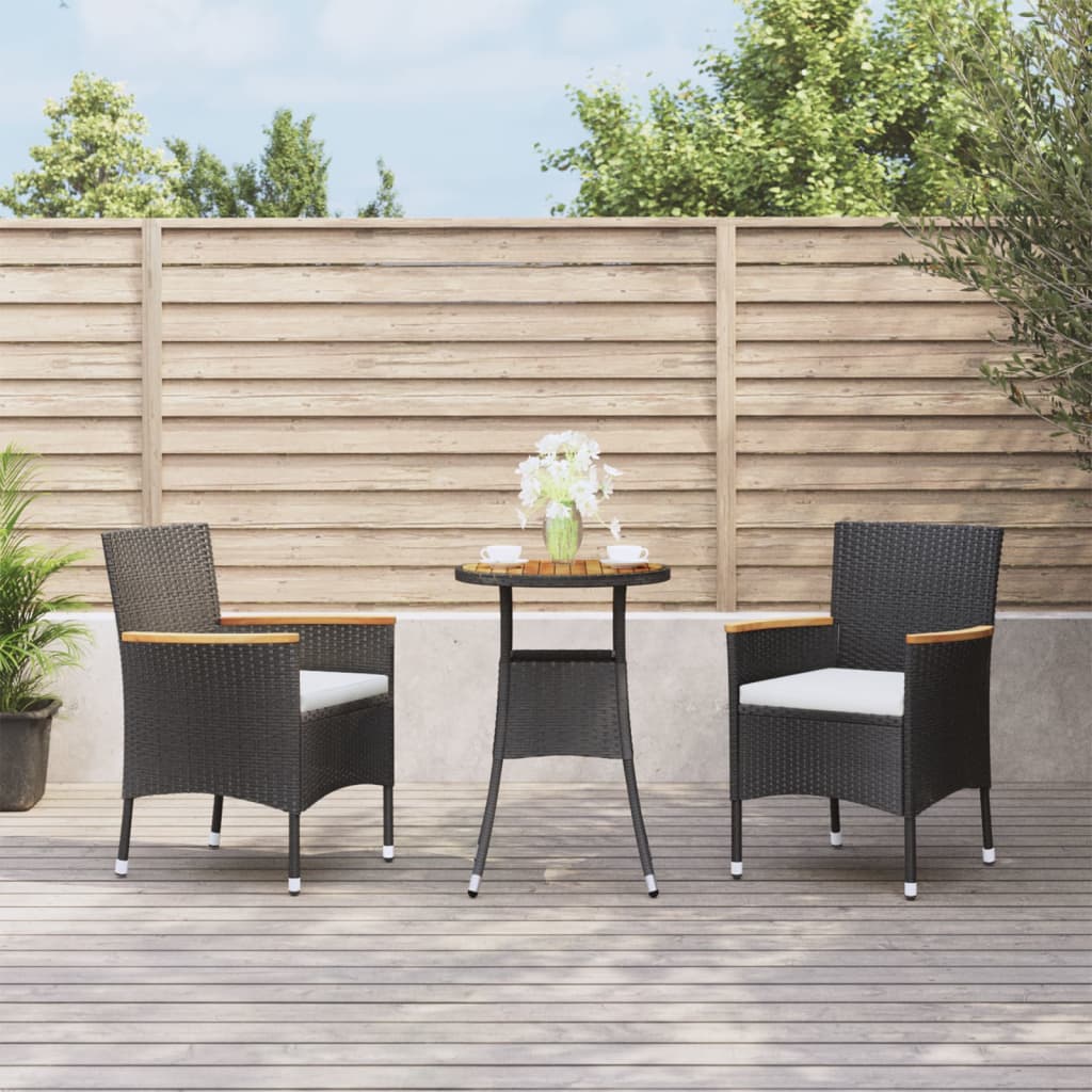 Set bistro de gradina cu perne, 3 piese, negru, poliratan — imaginea 2