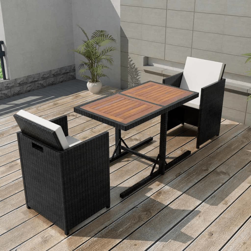 Set bistro cu perne, 3 piese, negru, poliratan — imaginea 2