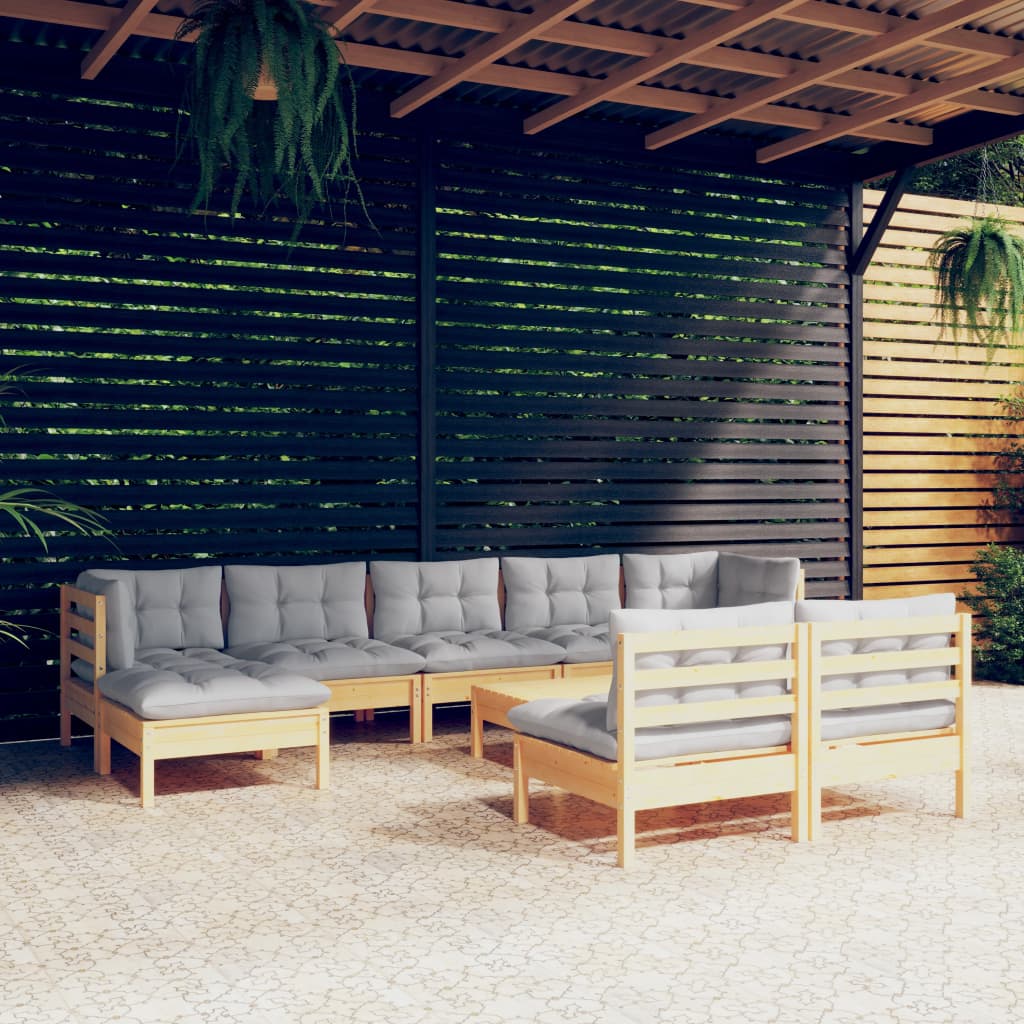 Set mobilier de gradina cu perne gri 10 piese lemn masiv de pin — imaginea 2