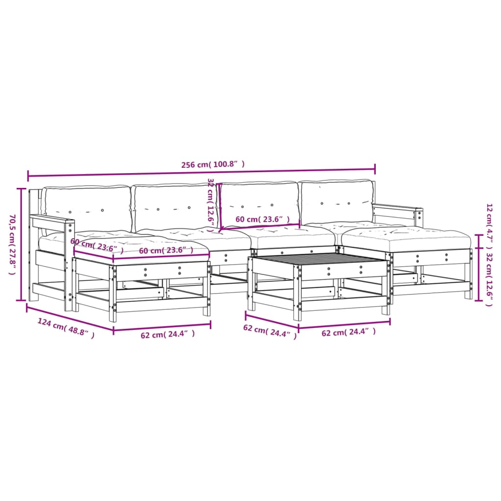 Set mobilier de gradina cu perne, 7 piese, alb, lemn masiv — imaginea 9