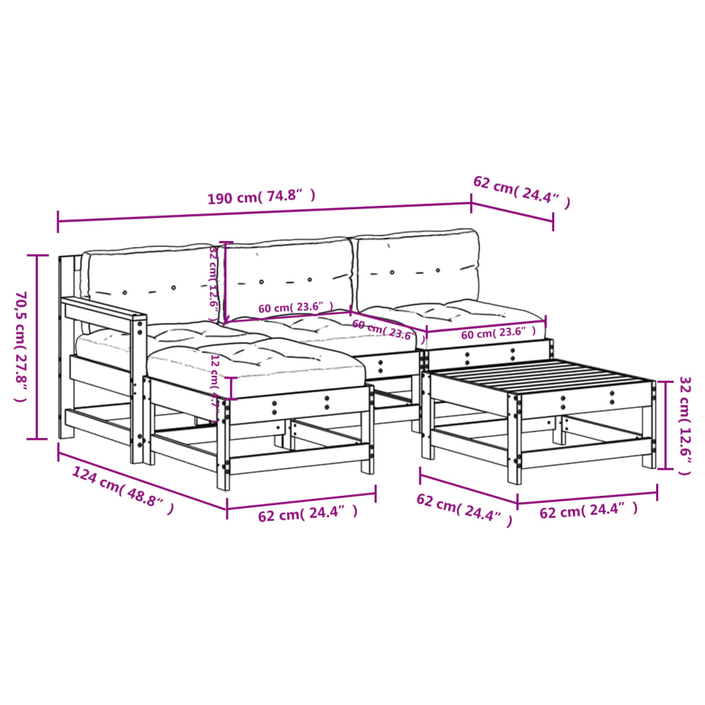 Set mobilier de gradina cu perne, 5 piese, lemn de pin tratat — imaginea 9