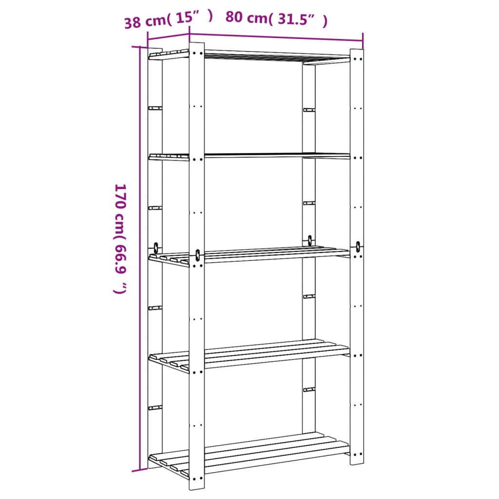 Suport depozitare 5 niveluri negru 80x38x170 cm lemn masiv pin — imaginea 7
