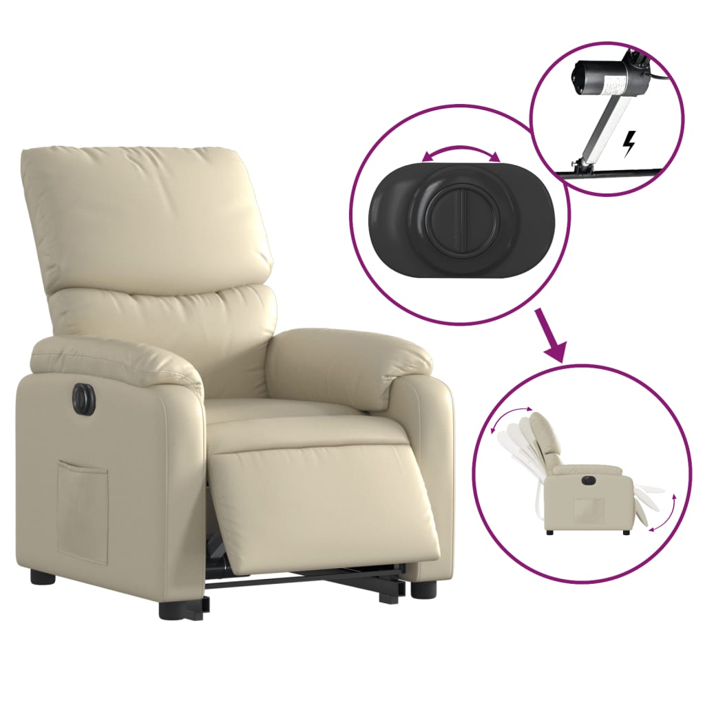 Fotoliu rabatabil electric cu ridicare, crem, piele ecologica — imaginea 5