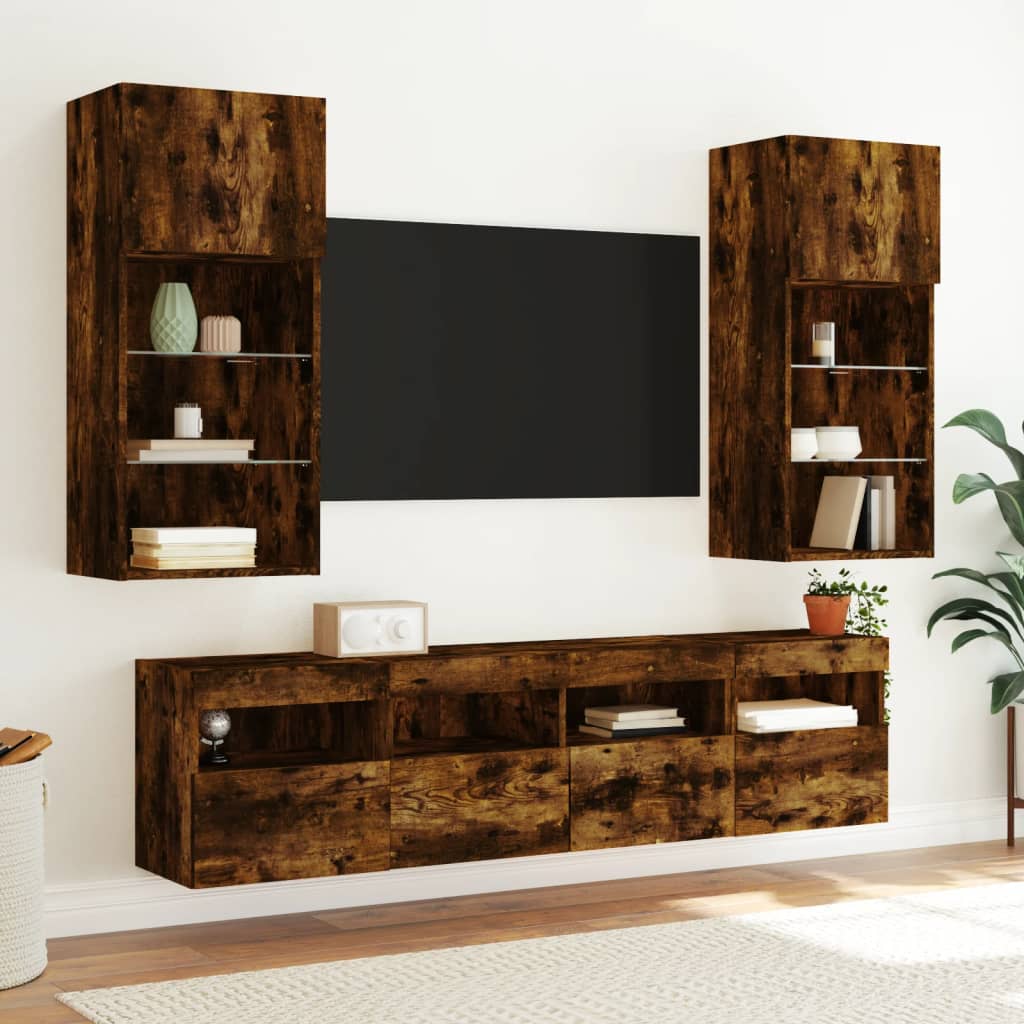 Unitati de perete TV cu LED-uri, 5 piese, stejar fumuriu, lemn — imaginea 4