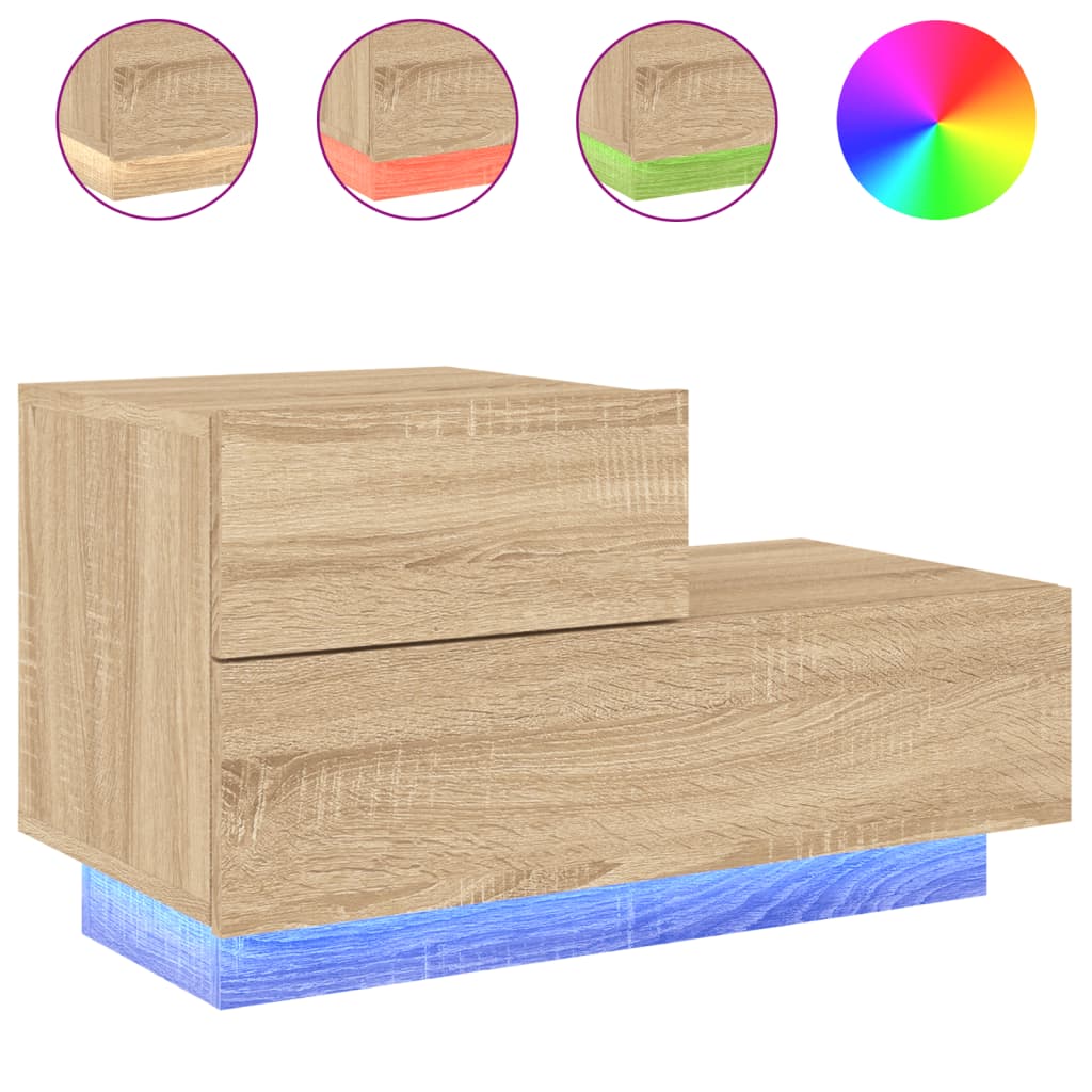Noptiera cu lumini LED, stejar sonoma, 70x36x40,5 cm